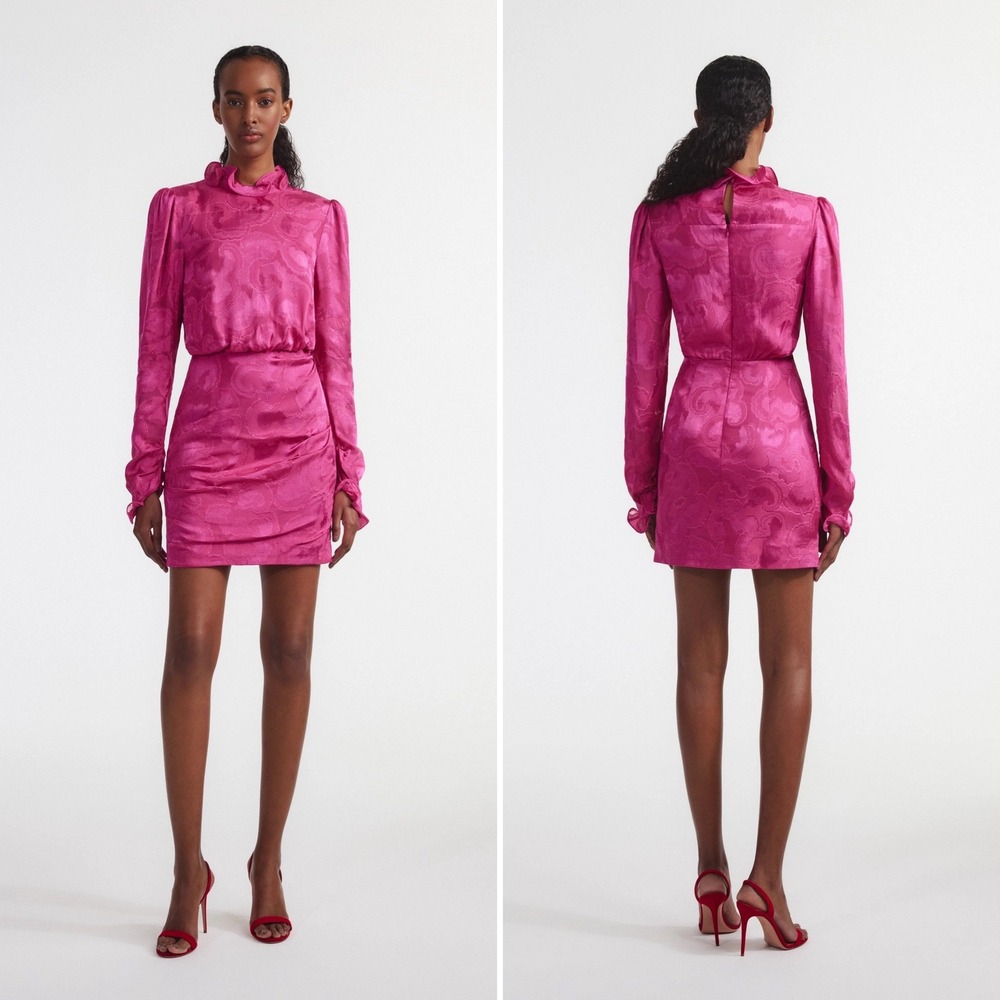 Saloni Rina-B Silk Jacquard Mini Dress Size 6 Pink Ruffle Neck Puff Sleeve Chic